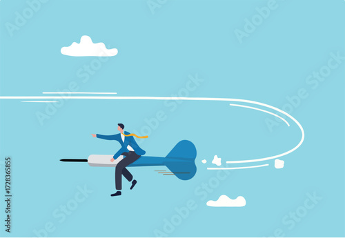 Change business direction, leadership decision to change to success, turning point or different way to reach target concept, confident businessman riding dart changing direction to the right target