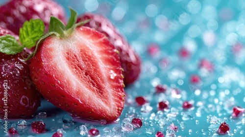 Sliced Red Strawberry with Green Mint Leaves on Sparkling Teal Blue Background
