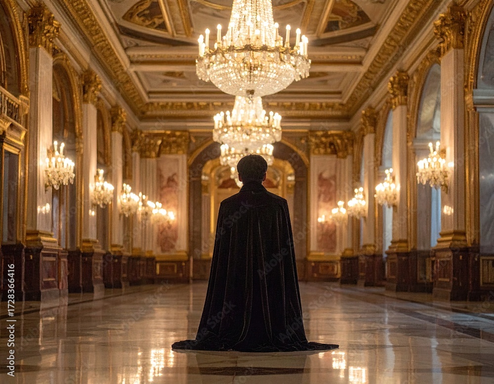 Naklejka premium Mysterious Silhouette Standing in Grand Ornate Hallway with Chandeliers.