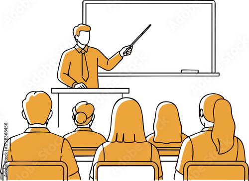 Teacher presenting with pointer to seated students, minimalist line art illustration style.