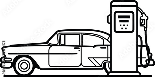 Vector art of classic car at gas station in line art