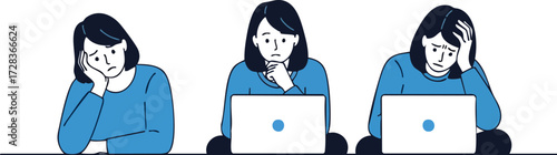 Three Blue-Clad Women Expressing Frustration and Stress with Laptops