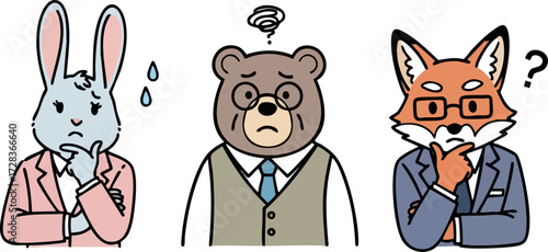 Three cartoon anthropomorphic animals, a rabbit, bear, and fox, in business attire, looking thoughtful and confused.