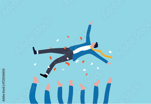 Job promotion celebration, winning prize, success in work or goal achievement congratulation party concept, joyful company colleagues throwing their happy boss into the air celebrating team success.