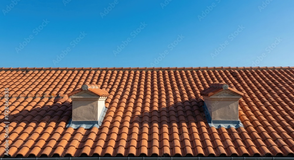 Fototapeta premium Warm terracotta roof tiles gleam under a clear blue sky, showcasing classic Mediterranean architecture and inviting sunlit warmth for a serene, timeless aesthetic.
