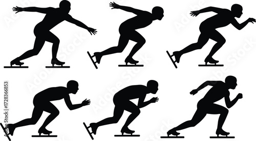 Speed skating silhouettes, athlete motion poses, black vector illustration, ice sport icons, dynamic movement, racing stride, winter sports