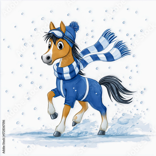 Cute cartoon pony wearing blue ski goggles and a scarf, snowboarding on a snowy slope, showcasing playful winter sports fun and adventure in a vibrant illustration
