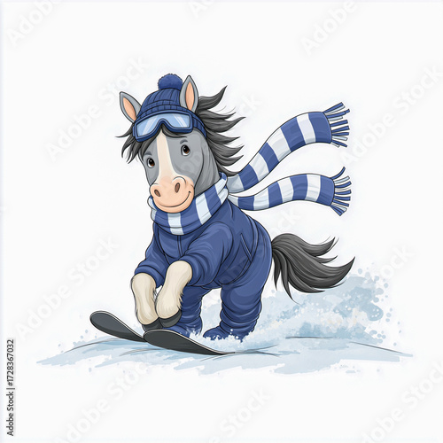 Cute cartoon pony wearing blue ski goggles and a scarf, snowboarding on a snowy slope, showcasing playful winter sports fun and adventure in a vibrant illustration