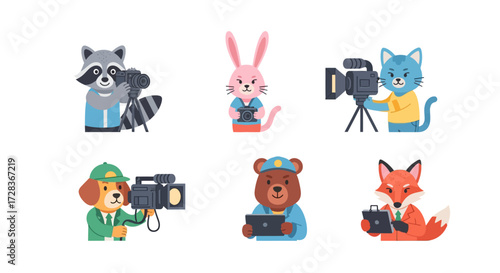 Cartoon animals dressed as camera operators and reporters, holding cameras and microphones, against a white background.