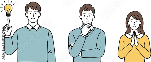 Three diverse individuals expressing different emotions and ideas through simple illustration