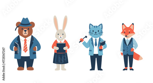 Four anthropomorphic animals, dressed in business attire, stand in a row, each holding objects.
