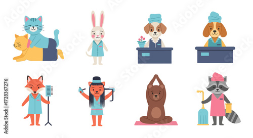 Cartoon animals dressed in human clothes, performing various activities like yoga, singing, and working at a desk.
