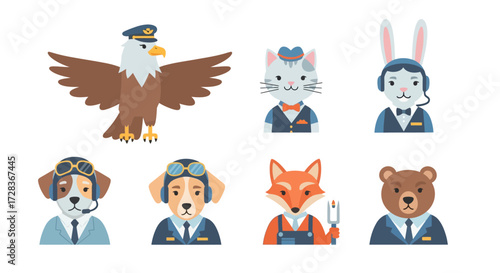 Cartoon animals wearing human clothes: eagle pilot, cat waiter, bunny operator, dog pilot, fox worker, and bear manager.