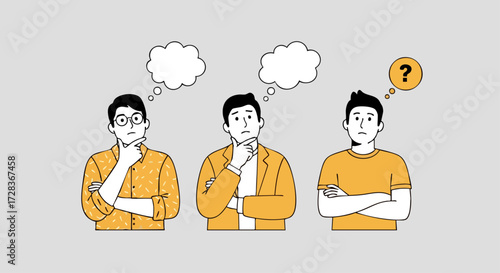 Three illustrated men in yellow shirts with confused expressions and thought bubbles.