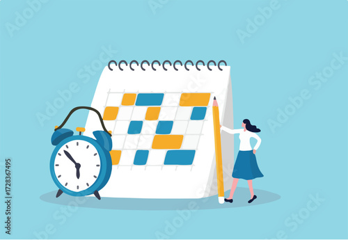 Work schedule or syllabus calendar, planning for appointment and event, project management timeline, or business deadline reminder concept, woman holding pencil with schedule calendar and alarm clock.