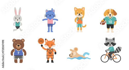 Cartoon animals wearing sports uniforms: rabbit running, cat, dog, bear, fox playing basketball, mouse swimming, and raccoon riding a bike.