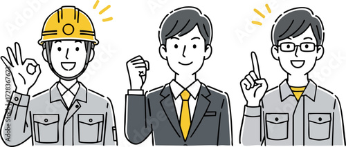 Three men in work attire and business suit showing positive gestures