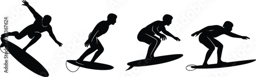 Surfing silhouettes, surfboard poses, water sport icons, black vector illustration, dynamic movement, beach lifestyle, athletic balance, ocean activity