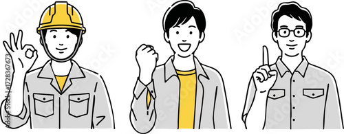 Three men in work attire making positive gestures and expressions