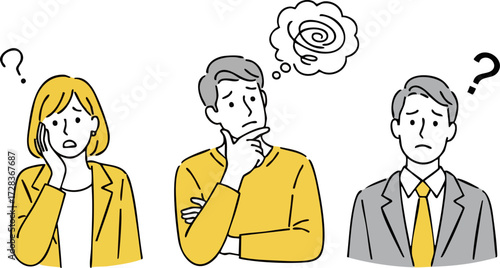 Three people expressing confusion and deep thought with question marks