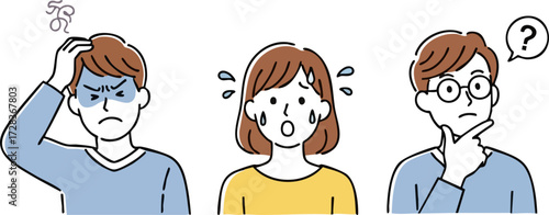 Three people expressing confusion, frustration, and contemplation with simple line art