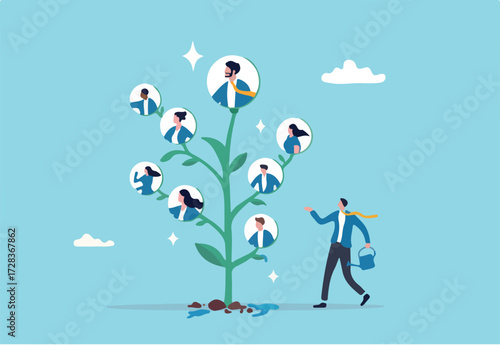 Career growth, HR human resources or organization, people management, career development strategy, employee skill or hiring, recruitment concept, businessman HR watering growing tree with employees.