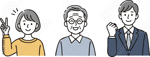 Three Smiling People: Woman with Peace Sign, Man with Glasses, Businessman