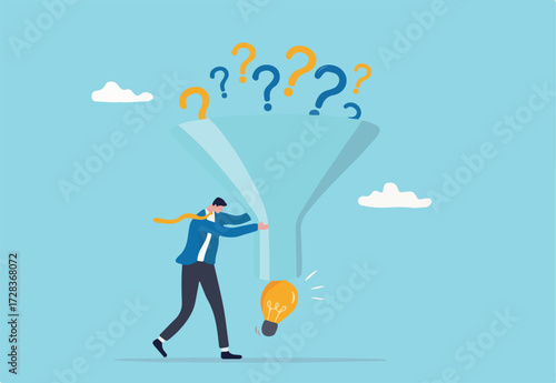 Solving problem, solution or result from business difficulty, research or discover new idea, creativity to answer questions, smart businessman with funnel or filter to get solution from question mark.