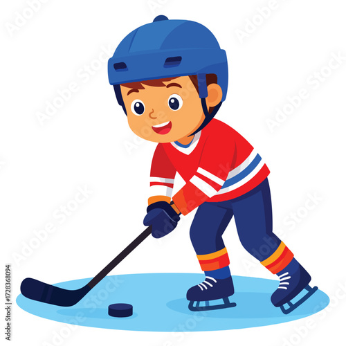 Cartoon illustration of a young boy playing ice hockey, wearing a helmet and holding a stick near a puck.