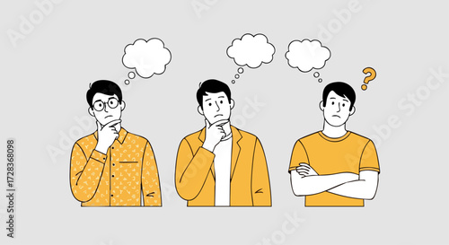 Three thoughtful men in yellow shirts with confused expressions and blank thought bubbles.