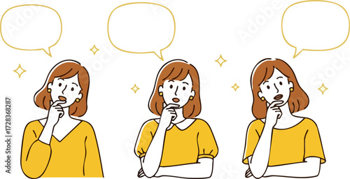 Three women in yellow tops contemplating with thought bubbles above