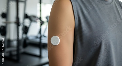 Person with continuous glucose monitor attached to arm in gym setting