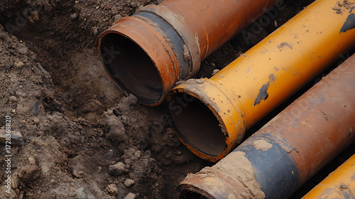 Wallpaper Mural Pipes in a ditch: a close-up of industrial pipes laid in a dirt trench, showcasing infrastructure and construction. The pipes are a mix of orange and brown, earthy tones. Torontodigital.ca