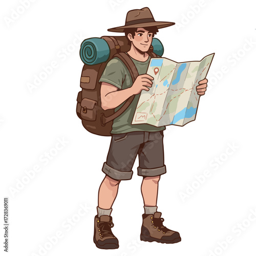 Adventurous traveler with backpack and map exploring new destinations on foot