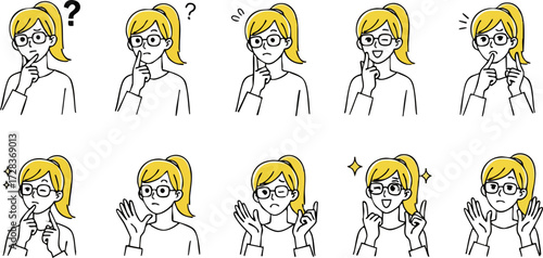 Vector Illustration of Woman with Various Facial Expressions and Poses