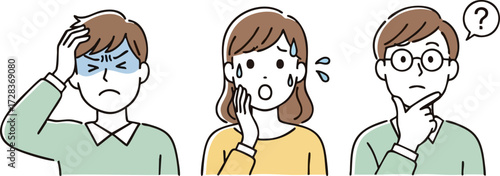Vector illustration set of three people expressing stress, anxiety, and confusion with troubled facial expressions and gestures.