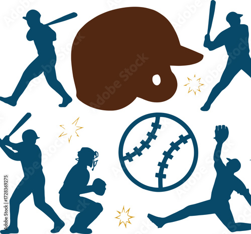 Dynamic baseball player silhouettes with equipment for sports graphics and designs
