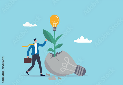 Fail to success, aspiration and effort to invent new innovation, learn from mistake or motivation to success, cheerful businessman look at seedling bright lightbulb idea plant grow from broken one