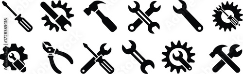 Tool icon set, wrench, hammer, screwdriver, gear symbols, black vector illustration, maintenance icons, repair tools, construction, engineering