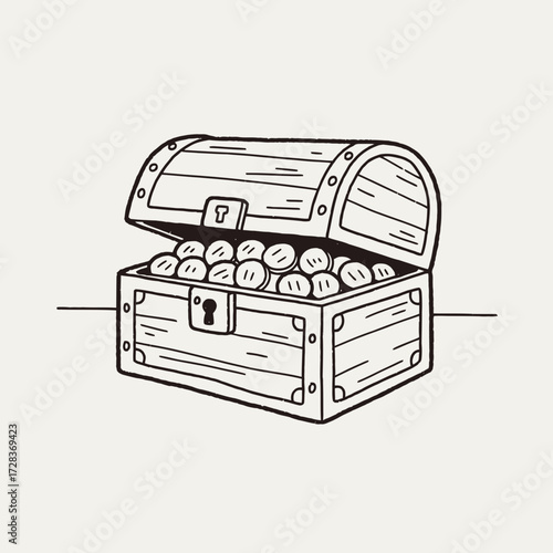 A hand-drawn illustration of an open treasure chest overflowing with gold coins.