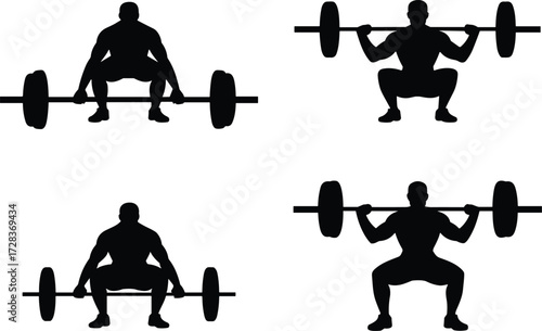 Weightlifting silhouettes, barbell exercises, deadlift and squat poses, black vector illustration, gym workout icons, strength training, fitness movement