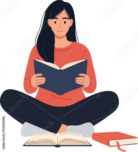 Woman with Long Hair Reading a Book Cross-Legged on the Floor