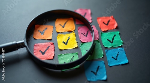 A magnifying glass focuses on colorful check marked notes.
