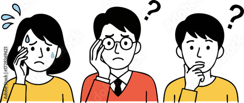Worried, confused, and thinking cartoon characters with expressive faces and distinct hand gestures.