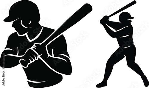 Silhouetted baseball players ready to swing the bat on the field action sports 