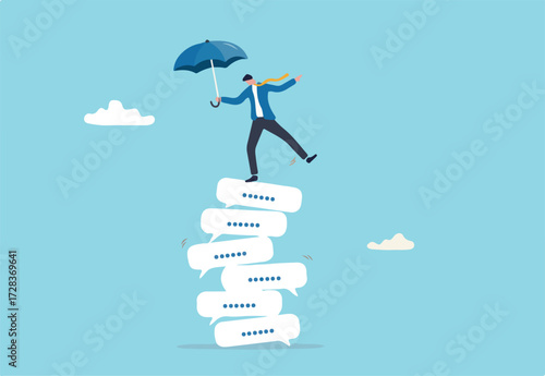 Chat dialogue, talk or discussion, conversation or communication to success, teamwork meeting or debate to get solution, opinion message concept, businessman balance on stack of dialog speech bubble.