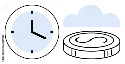 Clock, coin, and cloud highlight financial planning, time management, investment, productivity, and cloud-based tools. Ideal for efficiency budgeting digital economy and saving. Simple flat