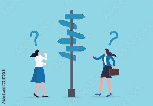 Decision choice, confusion, doubt for opportunity, challenge to choose career path, way to success or tough decision, way to solve problem concept, confused businesswoman make decision choosing path.