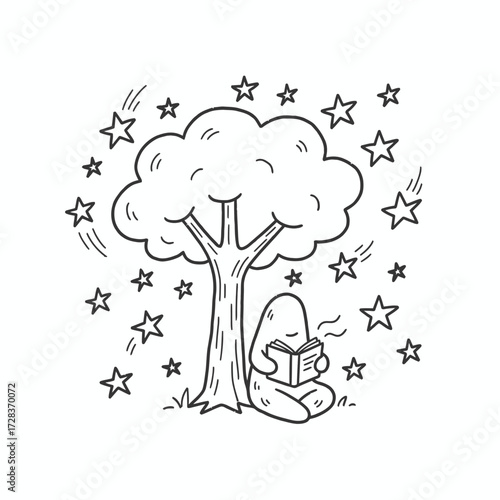 A person reading a book under a tree surrounded by stars.