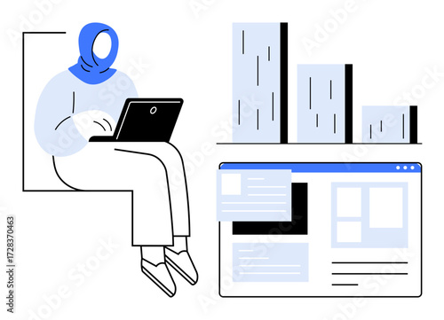 Woman in blue headscarf using a laptop, surrounded by website interface and bar charts. Ideal for technology, data, analysis, remote work, web development, education productivity. Simple flat